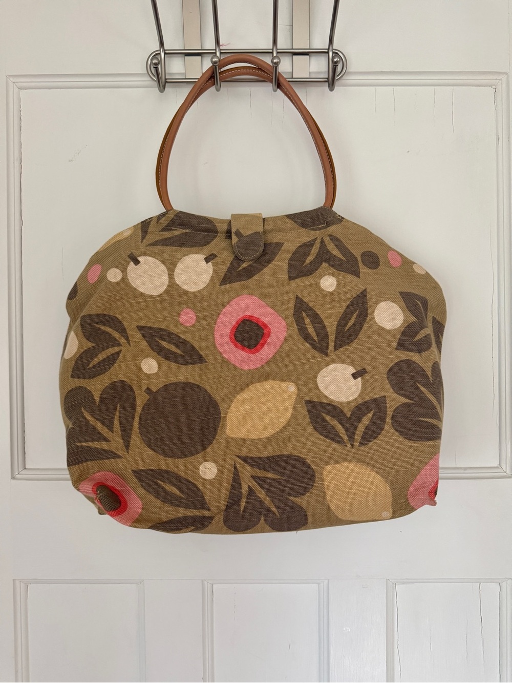 Canvas Floral Print Tote Bag with Leather Handles - Pink & Brown